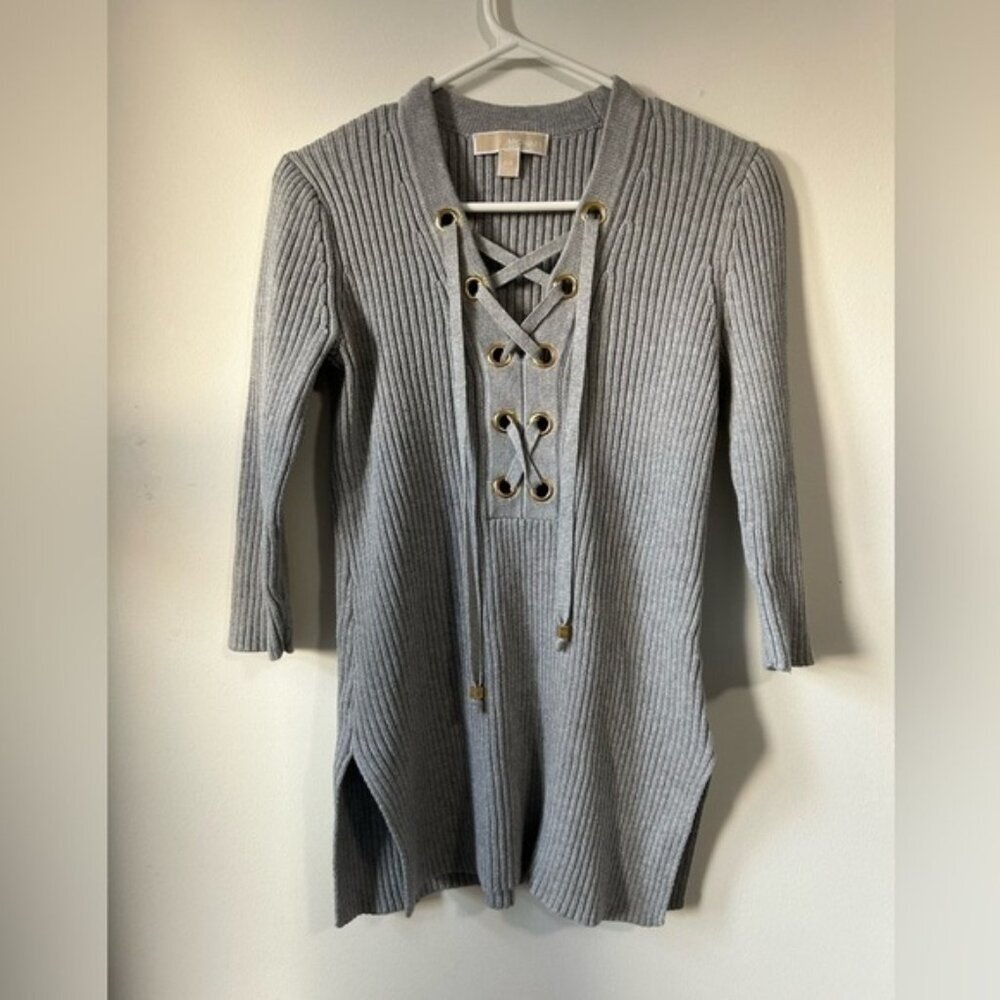 Michael Kors Lace Up Grey 3/4‎ Sleeve Ribbed  Sweater